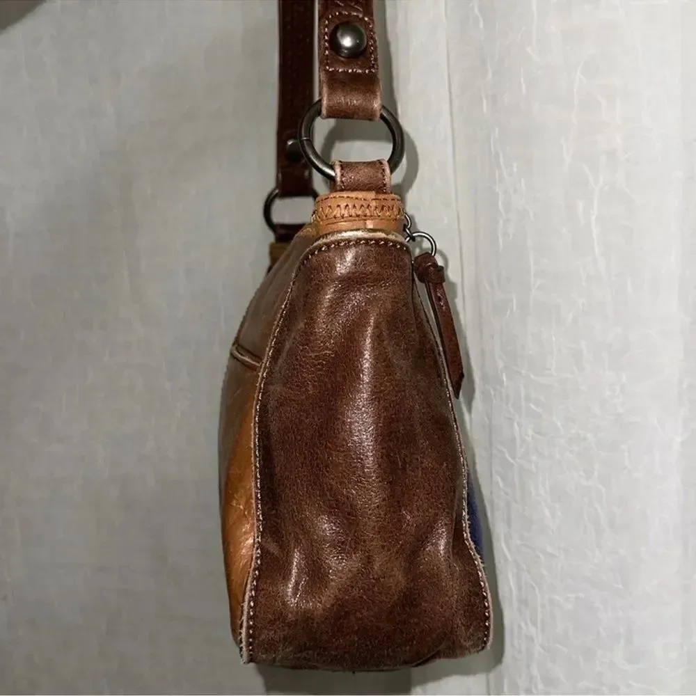 The Sak Blue Brown Gold Trim Genuine Leather Hobo Purse
